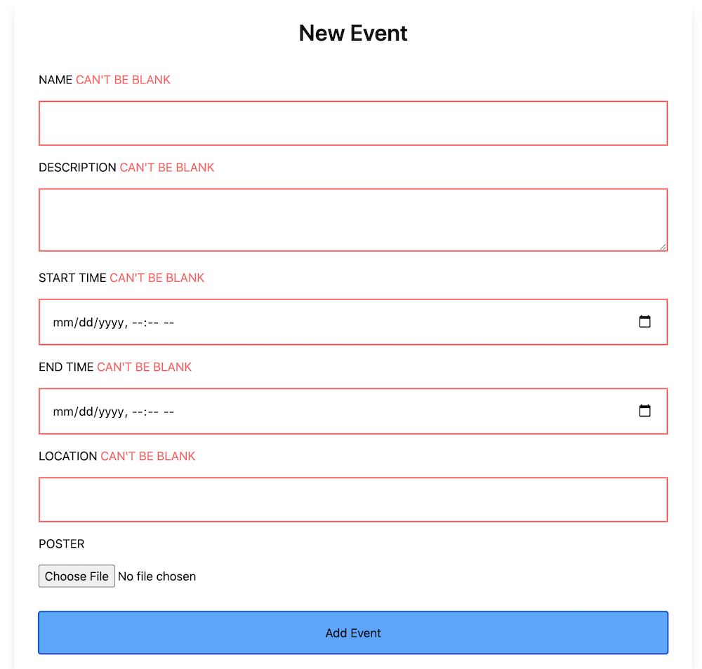 New Event Form Validation Error Messages